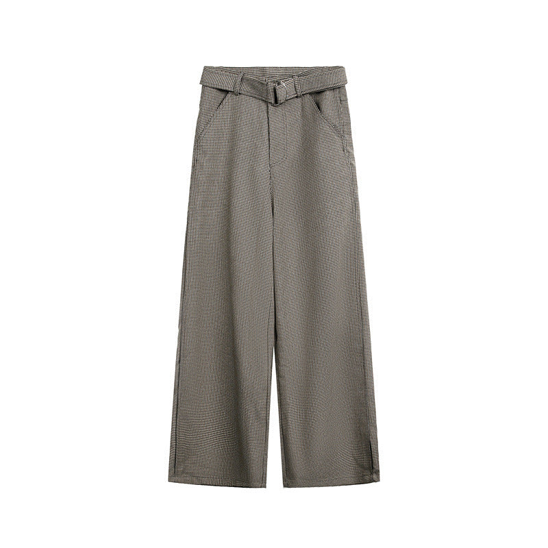 Women's Wide High-Waist Culotte Pants with Tie Belt and Glencheck Pattern Mune Fashion