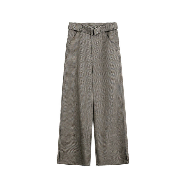 Women's Wide High-Waist Culotte Pants with Tie Belt and Glencheck Pattern Mune Fashion