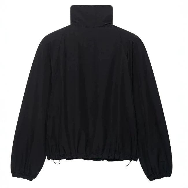 Women's Lightweight Oversized Bomber Style Windbreaker with High Standing Collar and Drawstring Mune Fashion