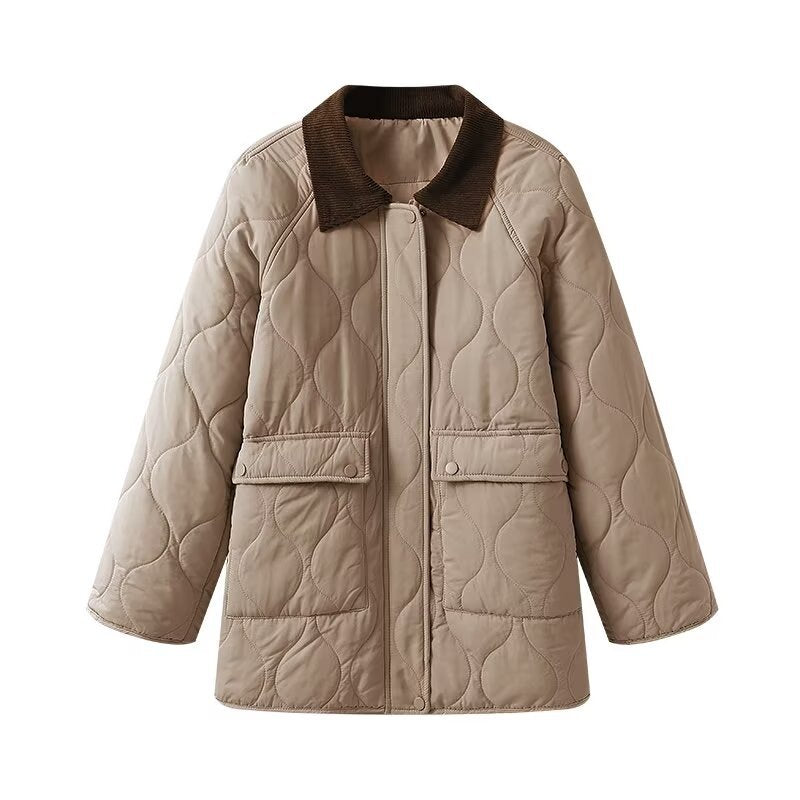 Ladies quilted jacket with cord collar, oversized boxy cut and snap front Mune Fashion