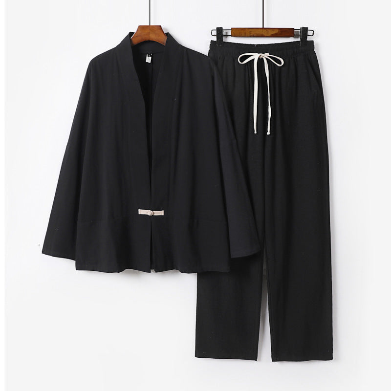Men's Zen-inspired kimono loungewear set made of lightweight cotton blend with open cut and drawstring pants Mune Fashion