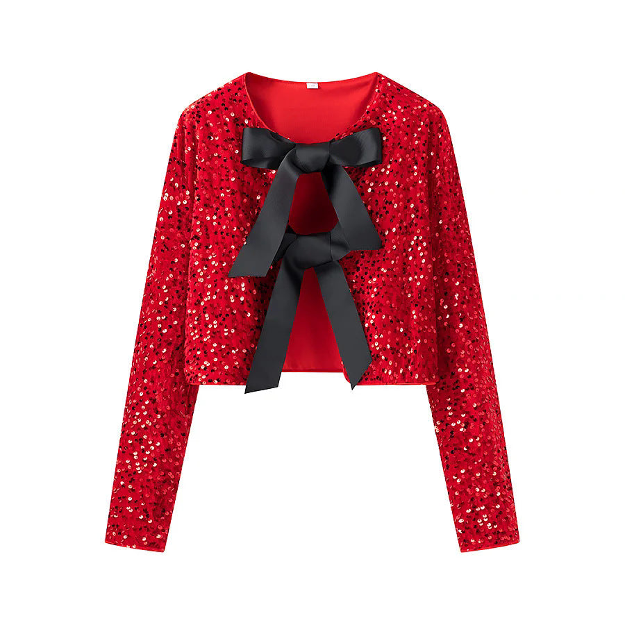Women's short sequin jacket with double satin bow front and round neckline Mune Fashion