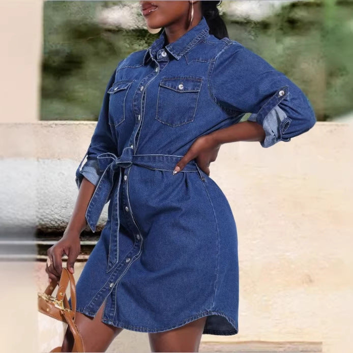 Women's denim shirt dress with waist belt and patch breast pockets Mune Fashion