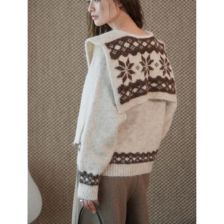 Women's Cozy Fine Knit Pullover with Integrated Shoulder Scarf and Jacquard Hem Mune Fashion