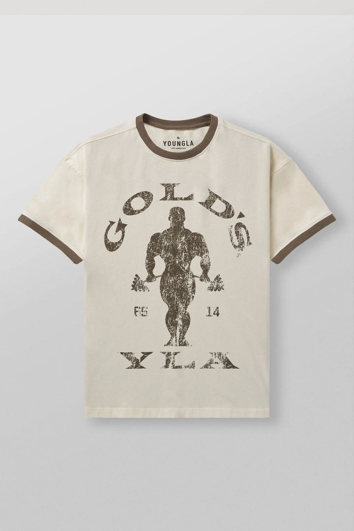 Men's Vintage Training Shirt with Crew Neck Contrast Cuffs and Retro Bodybuilding Print Mune Fashion
