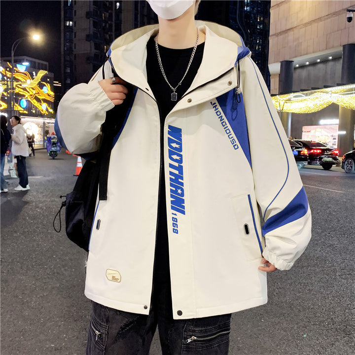 Men's Oversized Windbreaker with Hood, Sporty Front Print and Contrast Panels Mune Fashion