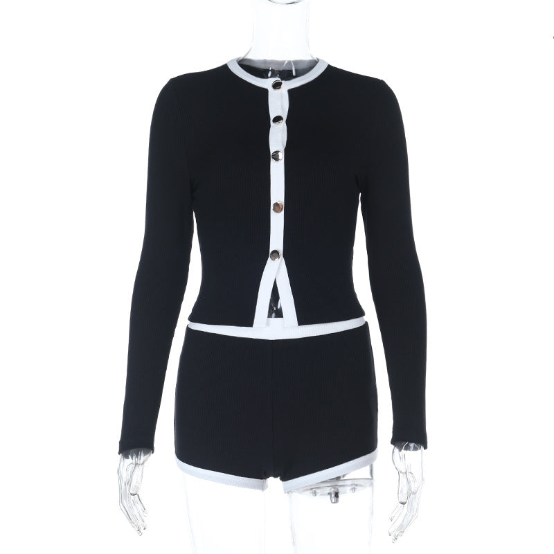 Women’s Short Ribbed Knit Set with Button Cardigan and High-Waist Shorts Mune Fashion