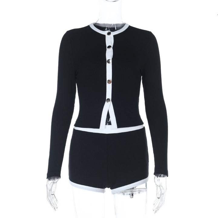Women’s Short Ribbed Knit Set with Button Cardigan and High-Waist Shorts Mune Fashion