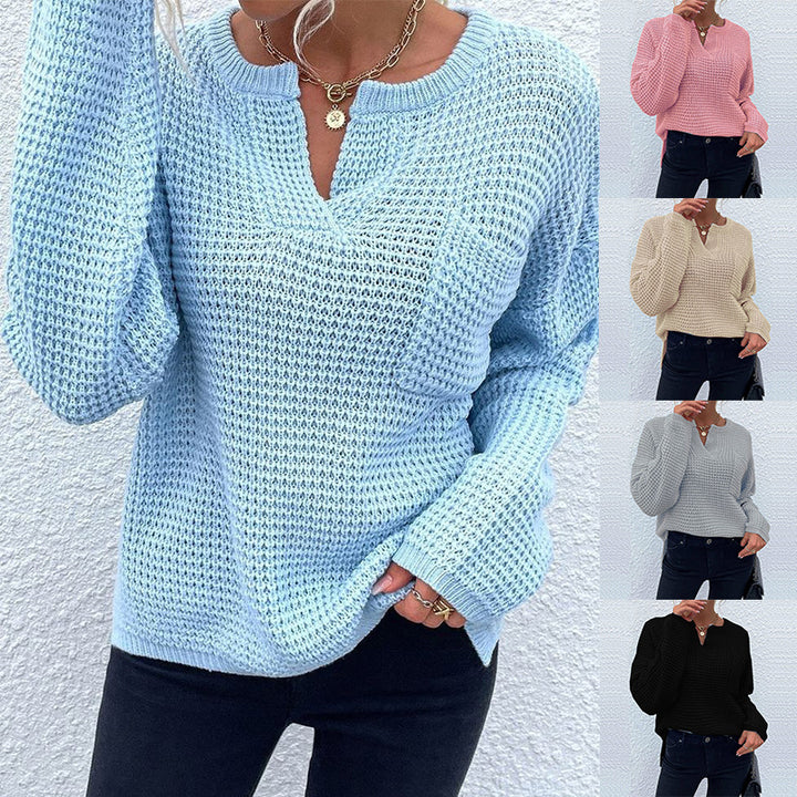 Women's Waffle Knit Sweater with V-Slit, Oversized Cut and Balloon Sleeves Mune Fashion