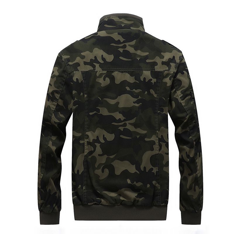Men's Camo Utility Bomber Jacket with Stand-Up Collar, Multiple Pockets and Ribbed Cuffs Mune Fashion