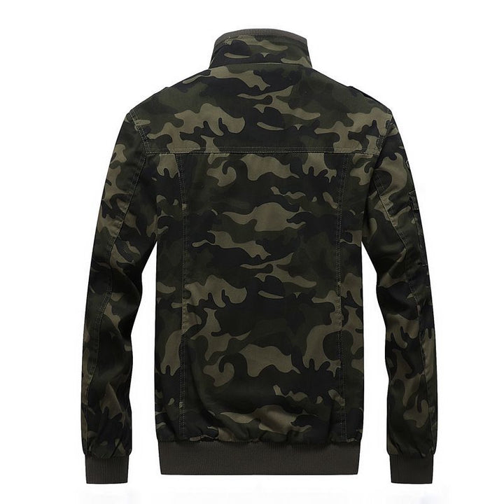 Men's Camo Utility Bomber Jacket with Stand-Up Collar, Multiple Pockets and Ribbed Cuffs Mune Fashion