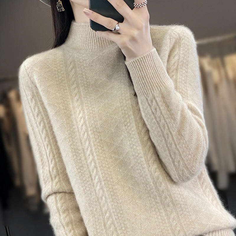Women's Soft Cable Knit Mock Neck Sweater with Light Mohair Effect Mune Fashion