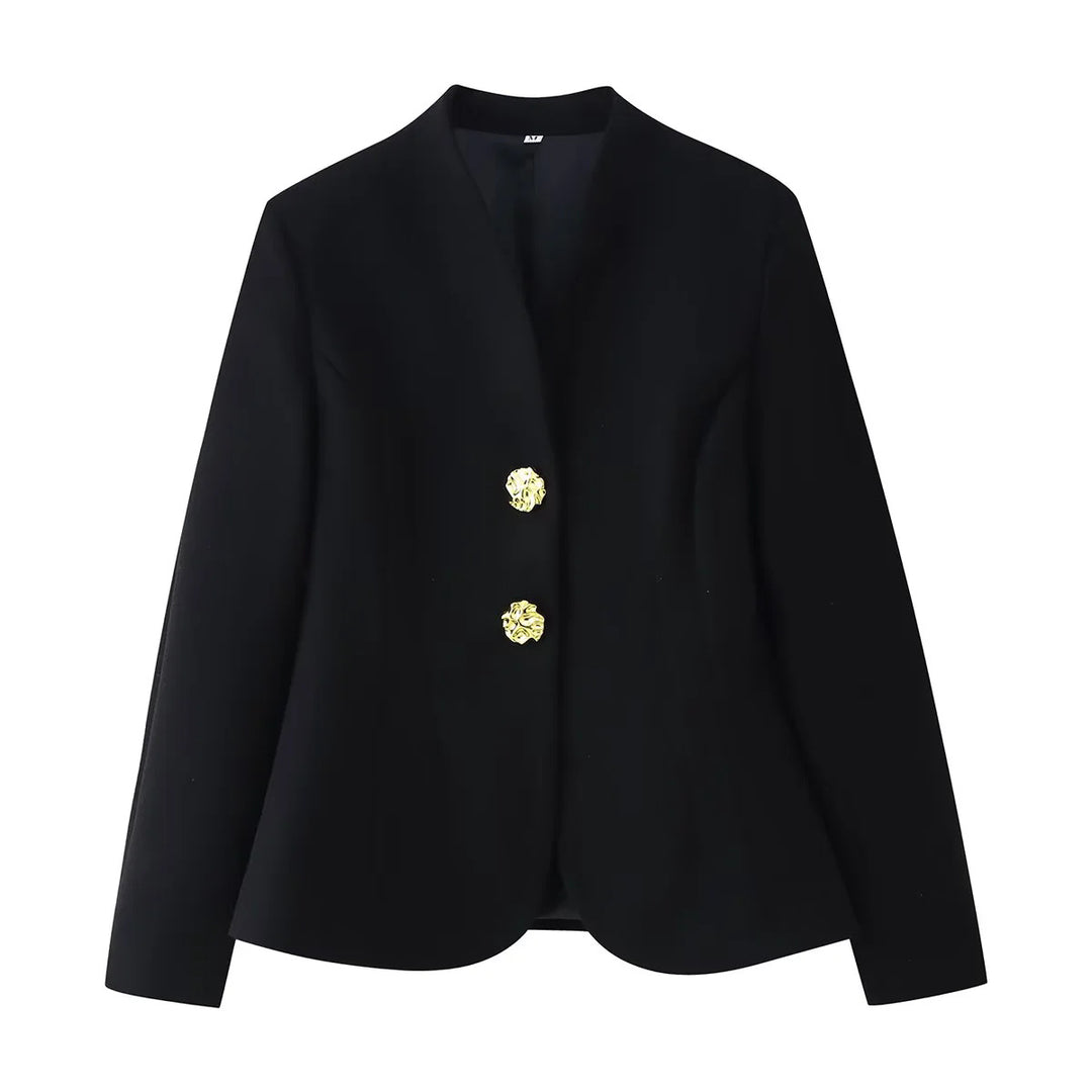 Women's fitted blazer without lapels featuring decorative gold buttons and rounded hem Mune Fashion