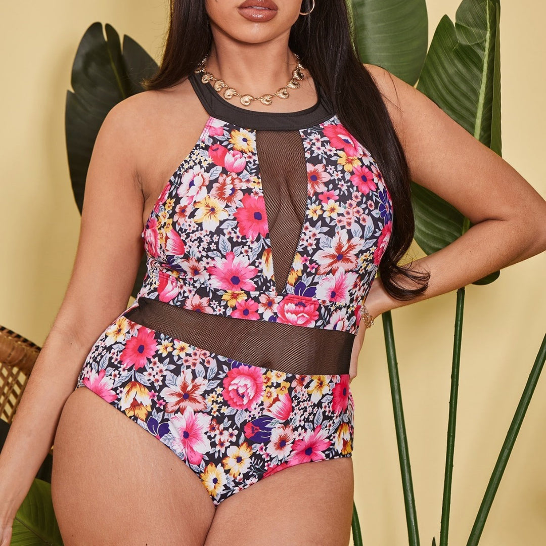 Women's One-Piece Swimsuit with Floral Design and Transparent Inserts Mune Fashion
