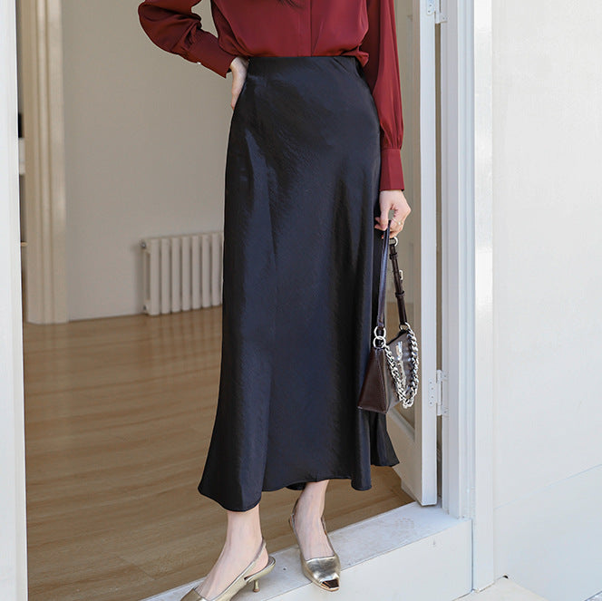 Women's flowing midi skirt in satin viscose with a smooth waistband, Mune Fashion