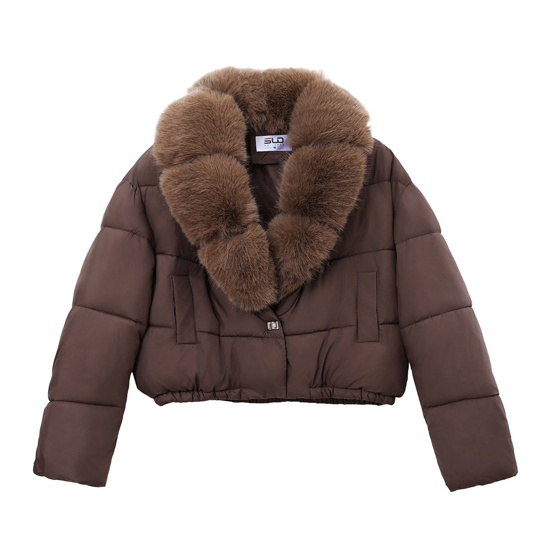 Women's Short Quilted Puffer Bomber Jacket with Extra Wide Faux Fur Collar Mune Fashion