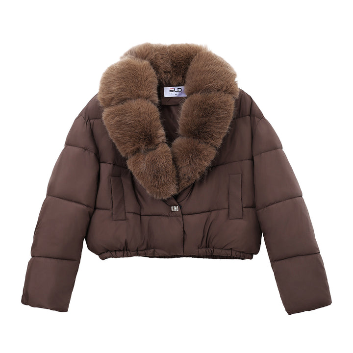 Women's Short Quilted Puffer Bomber Jacket with Extra Wide Faux Fur Collar Mune Fashion