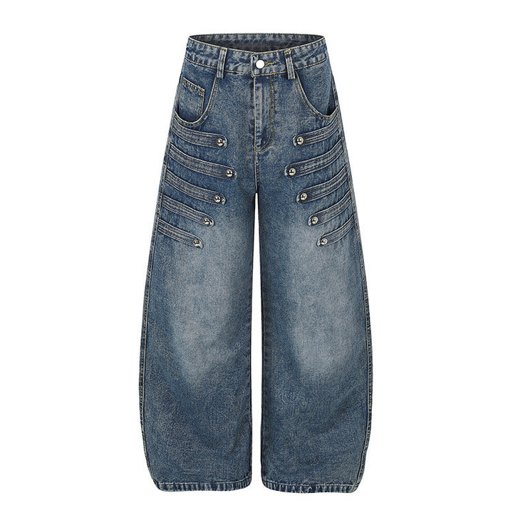 Women's Wide Denim Palazzo Jeans with Decorative Stitching and Decorative Button Details Mune Fashion