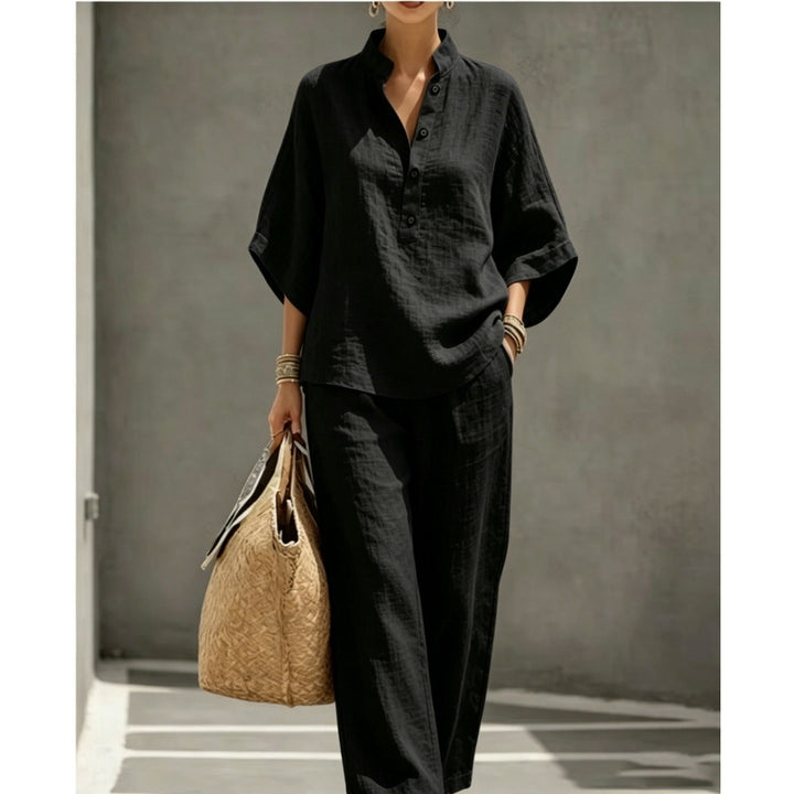 Women's loose linen two-piece with stand-up collar and wide leg Mune Fashion