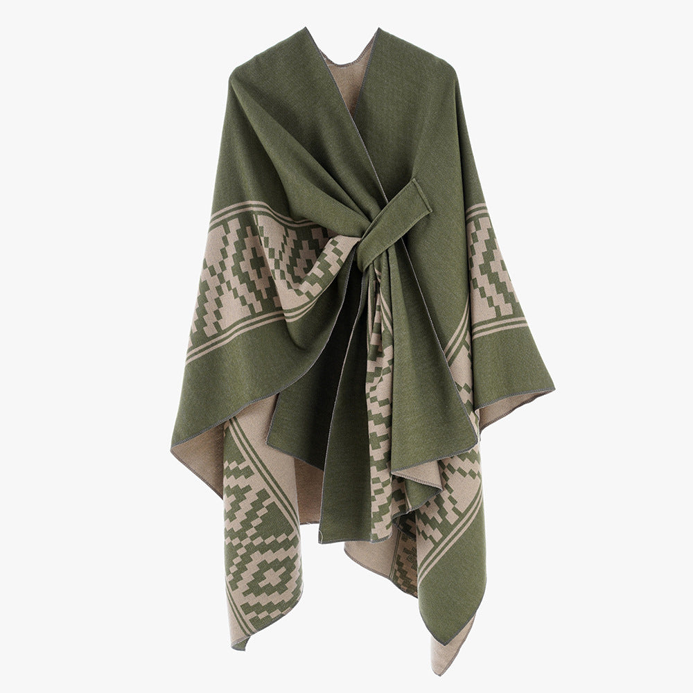 Women's Jacquard Ruana with TIE BELT and geometric pattern Mune Fashion
