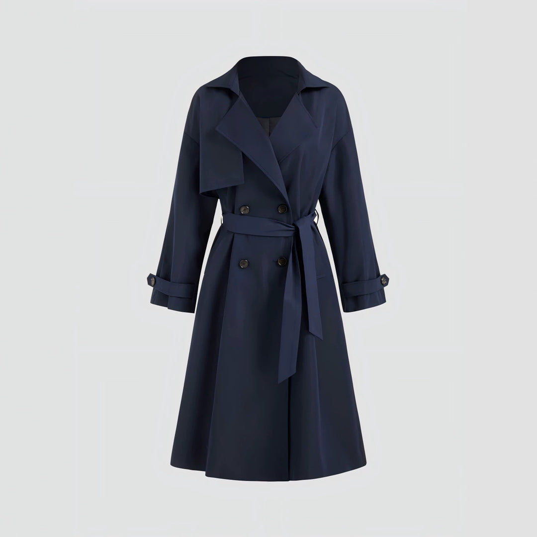 Women's Long Trench Coat with Loose Silhouette, Lapel Collar and Waist Belt Drune
