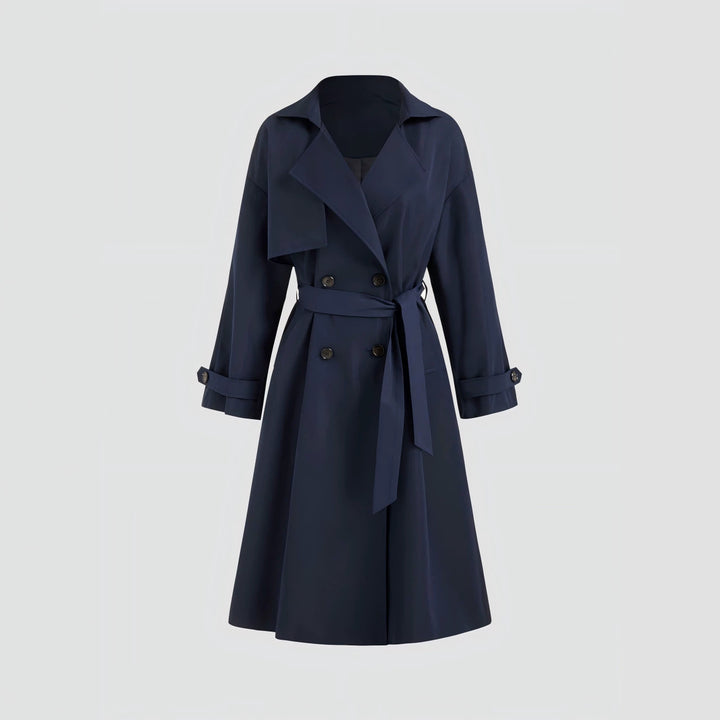 Women's Long Trench Coat with Loose Silhouette, Lapel Collar and Waist Belt Drune