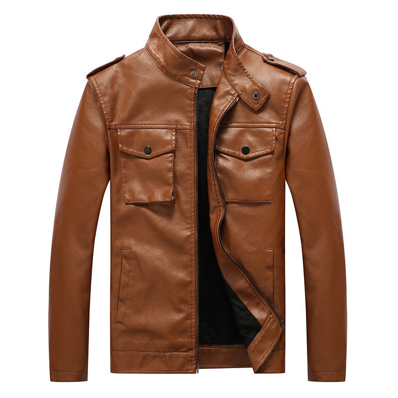 Men's slim artificial leather field blazer with stand-up collar, chest flap pockets, and zipper Mune Fashion