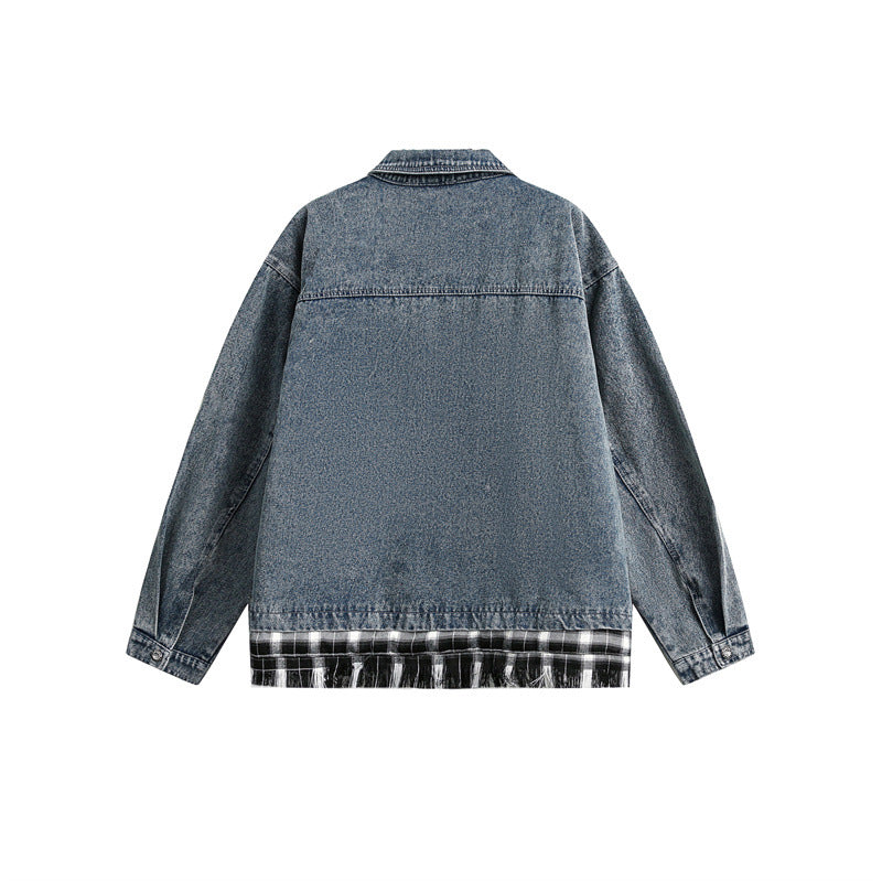 Unisex Kastig cut Denim jacket in layered look with checked lining Mune Fashion
