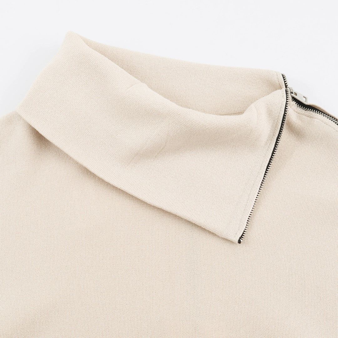 Women's Asymmetrical Fine Knit Sweater with Shawl Collar, Shoulder Zipper and Zipper Sleeves Mune Fashion
