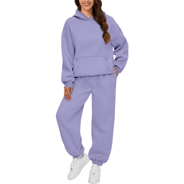 Women's cozy French-Terry loungewear set with double-layer hood, kangaroo pocket, and elastic ankle jogger Mune Fashion