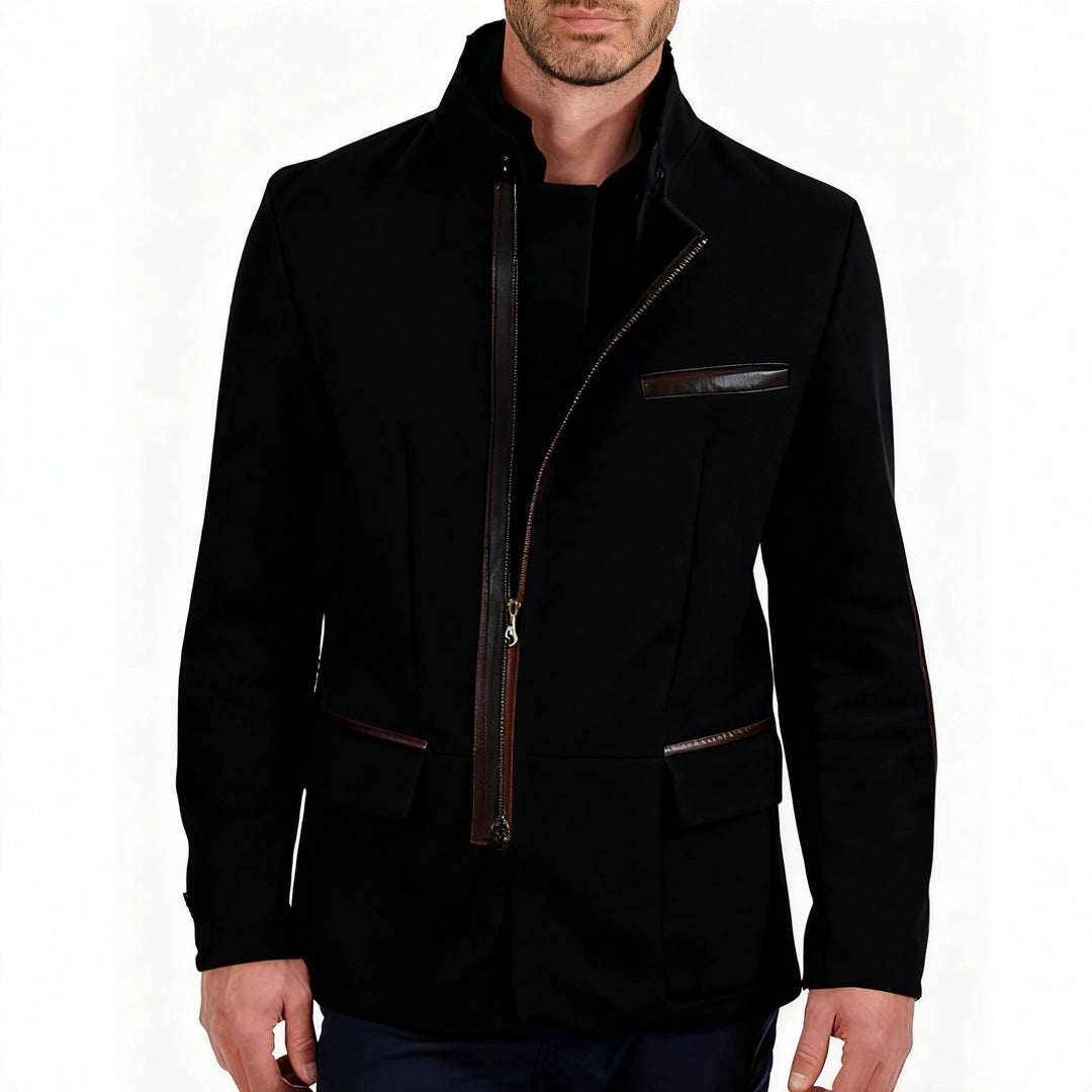 Men's suede field jacket in pilot style with stand-up collar, asymmetrical double-opening zipper and contrasting leather trims Mune Fashion