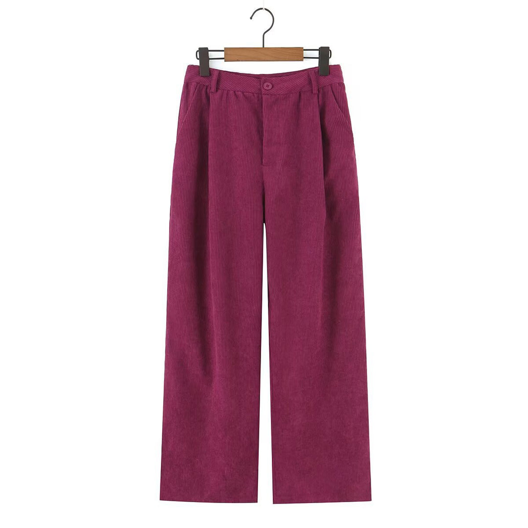 Women High-Waisted Cord Pants with Wide Leg and Pleats Mune Fashion
