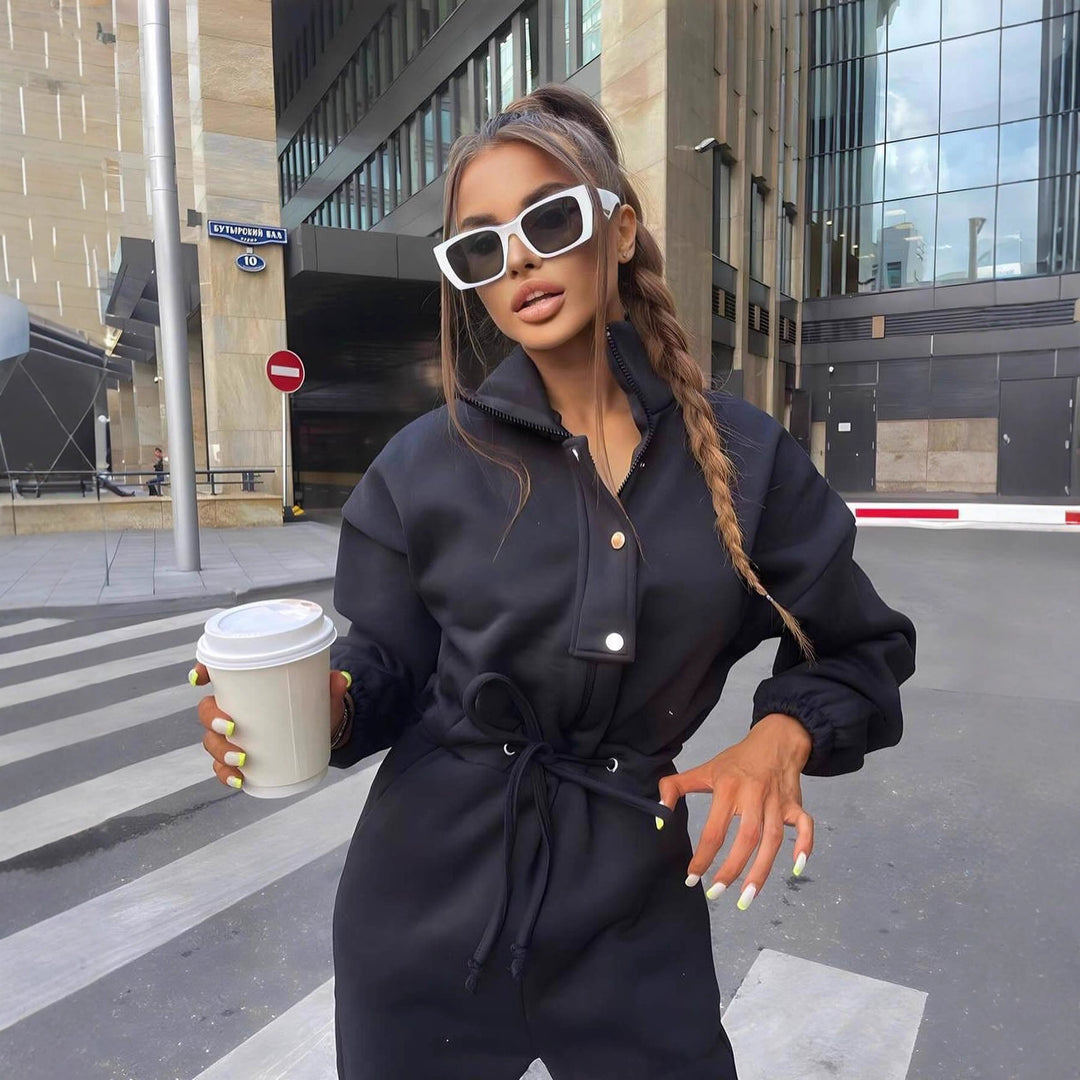 Women's fitted velour jumpsuit with drawstring stand-up collar and elastic cuffs Mune Fashion