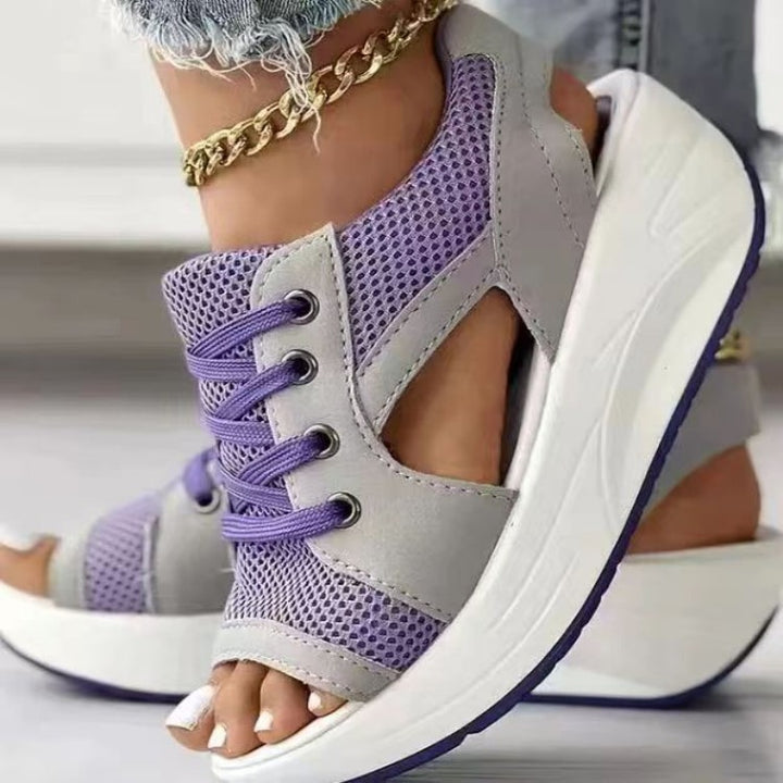Damen Offene Keil-Sandale-Sneaker mit atmungsaktivem Mesh, profilierter Plateau-Sohle und Schnürung Mune Fashion