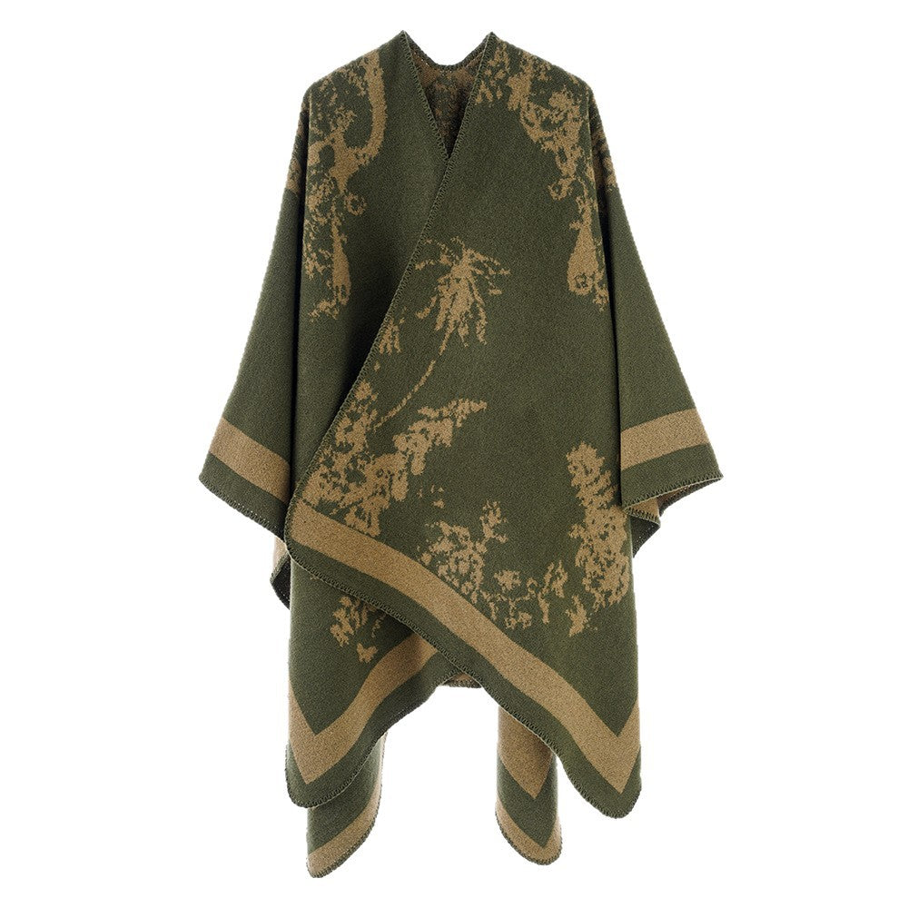 Women's Oversize Jacquard Cape made of wool blend with abstract floral pattern Mune Fashion