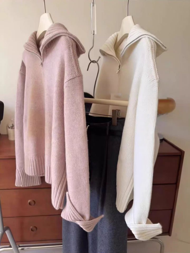 Women's Oversized Fine Knit Sweater with Half Zipper and Wide Turtleneck Mune Fashion