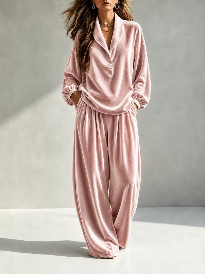 Women's Luxurious Velour Loungewear Set with Shawl Collar and Wide Palazzo Pants Mune Fashion