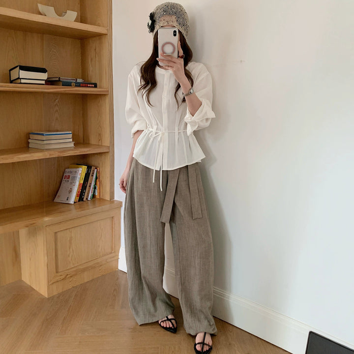 Women Light Cotton Gauze Blouse with Drawstring Waist and Stand-Up Collar Mune Fashion