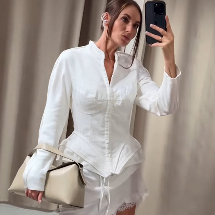 Women's Tailored Blazer with Corset Look and Peplum Silhouette Mune Fashion