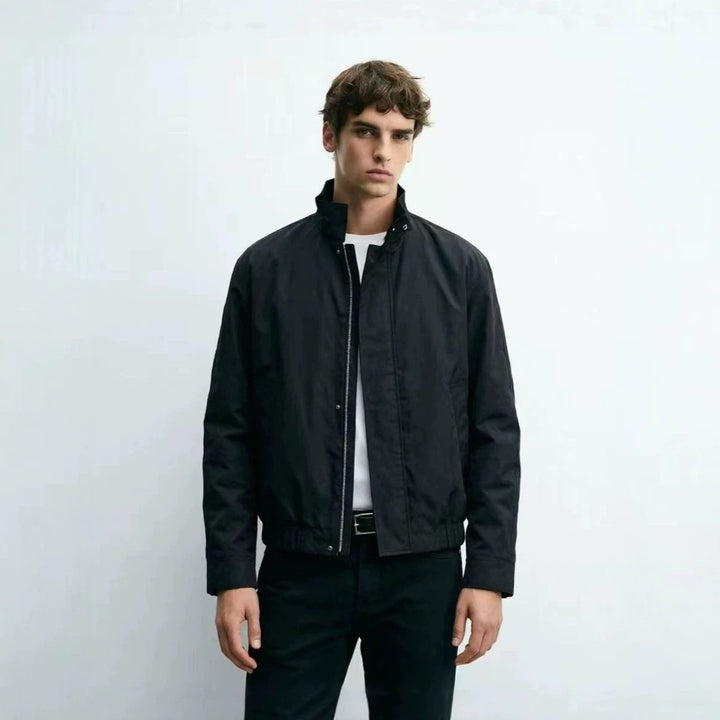 Men's Short Stand Collar Blouson with Hidden Zipper and Elastic Hem Mune Fashion