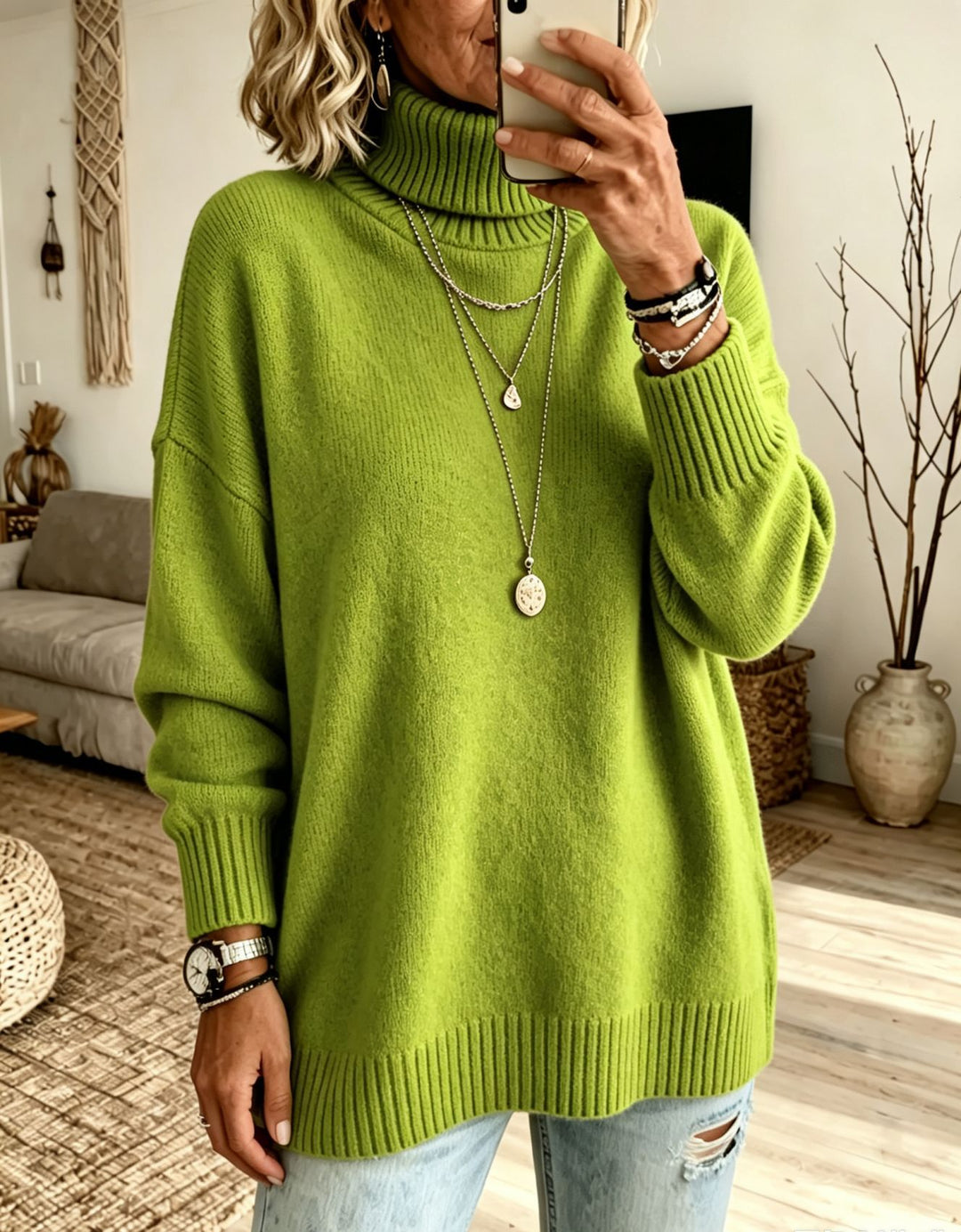 Women's Oversize Rollneck Sweater made of fine knit with ribbed cuffs and dropped shoulders Mune Fashion