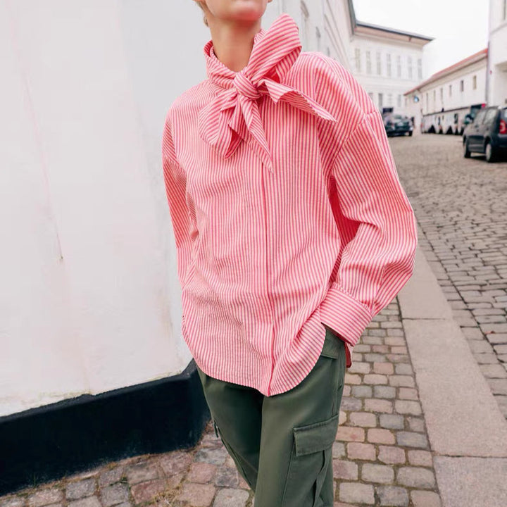Women Striped Pullover Blouse with Bow Collar and Wide Cuffs Mune Fashion