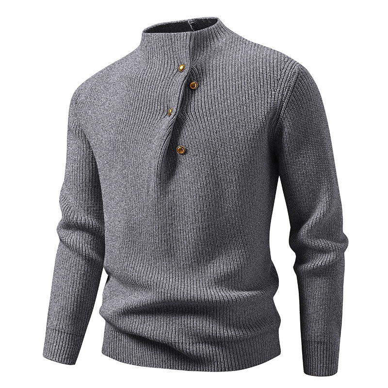 Men's fine knit sweater with asymmetric button placket and stand-up collar Mune Fashion