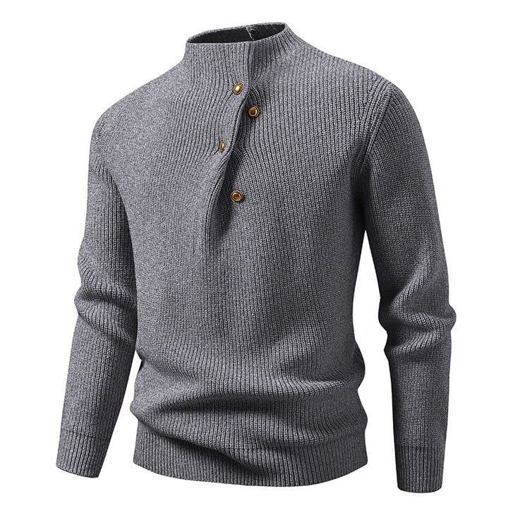 Men's fine knit sweater with asymmetric button placket and stand-up collar Mune Fashion