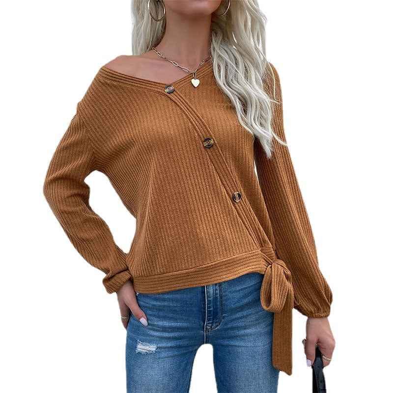 Women's Ribbed Wrap Cardigan with V-Neck, Asymmetrical Button Placket and Waist Tie Mune Fashion
