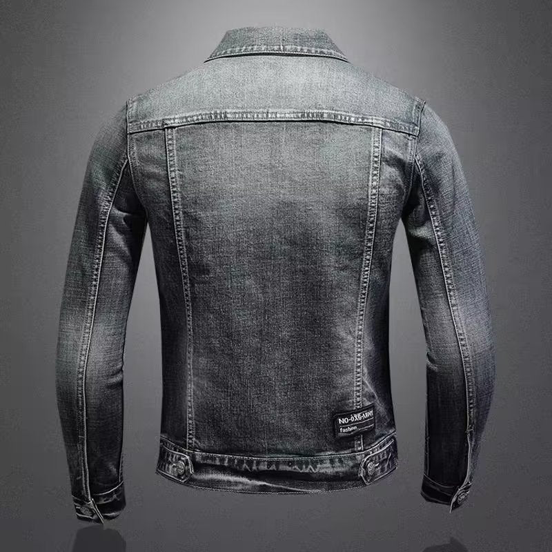 Men's jeans jacket with used wash, press stud chest pockets and discreet Mune Fashion embroidery.