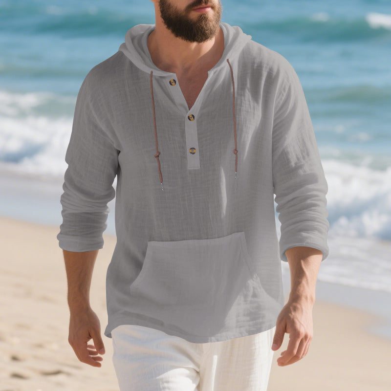 Men's lightweight hooded henley made of linen-cotton blend with kangaroo pocket and button placket Mune Fashion