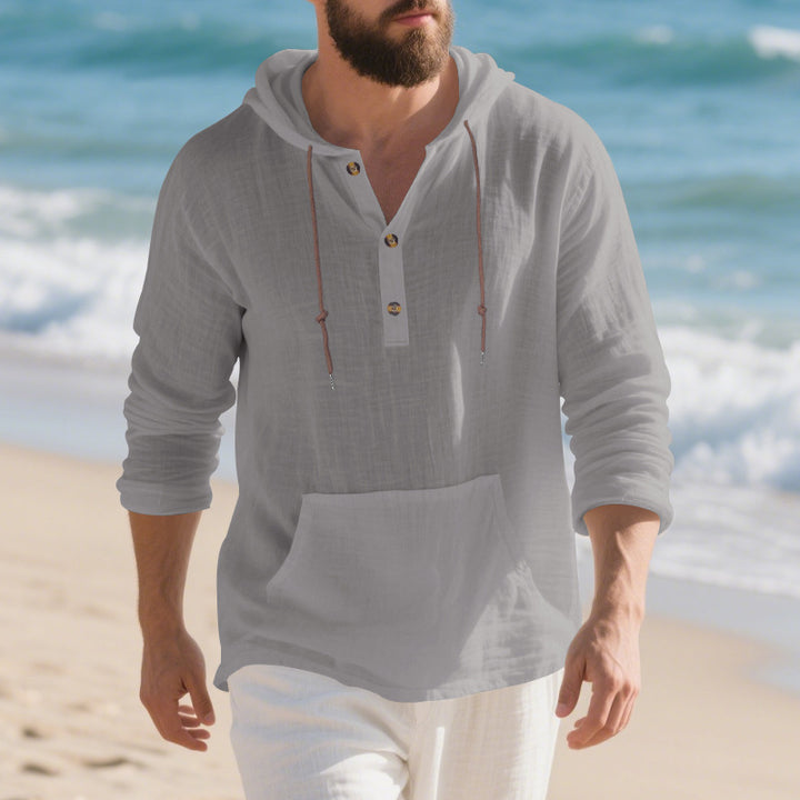 Men's lightweight hooded henley made of linen-cotton blend with kangaroo pocket and button placket Mune Fashion