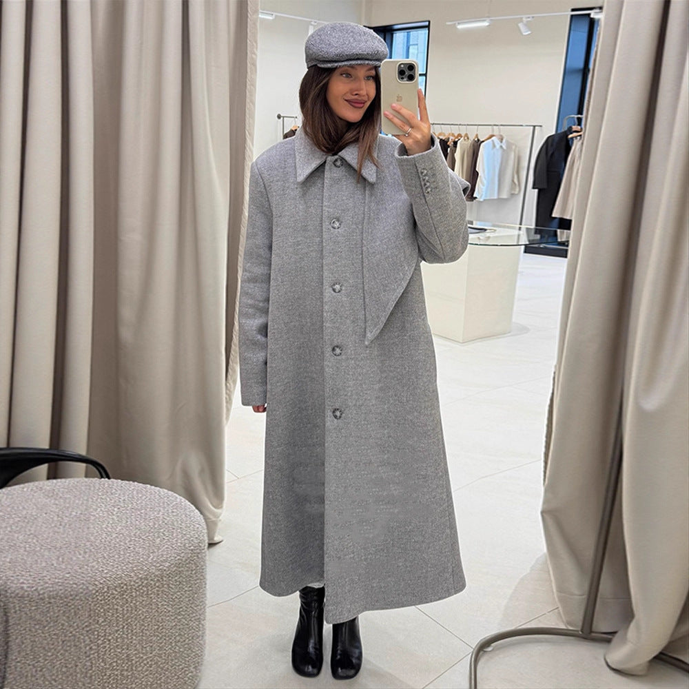 Women's Mid-length Wool Blend Coat with Integrated Loop Scarf Mune Fashion