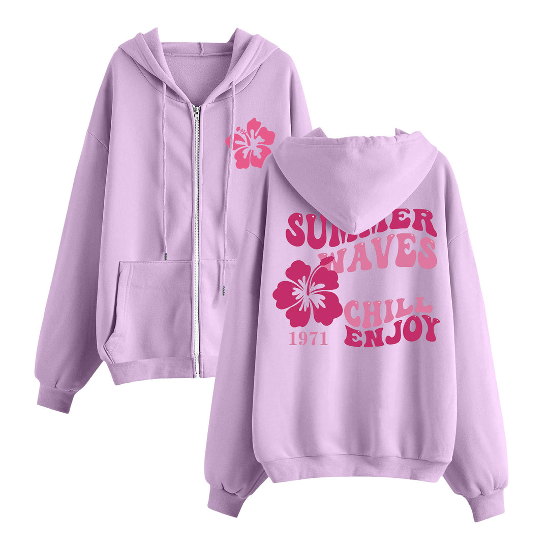 Women's relaxed zip hoodie with tropical hibiscus print, kangaroo pockets, and ribbed cuffs Mune Fashion